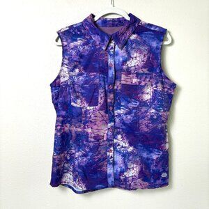 Reel Legends Mariner Sleeveless Top Petite L PL Blue Purple Button Up Fishing